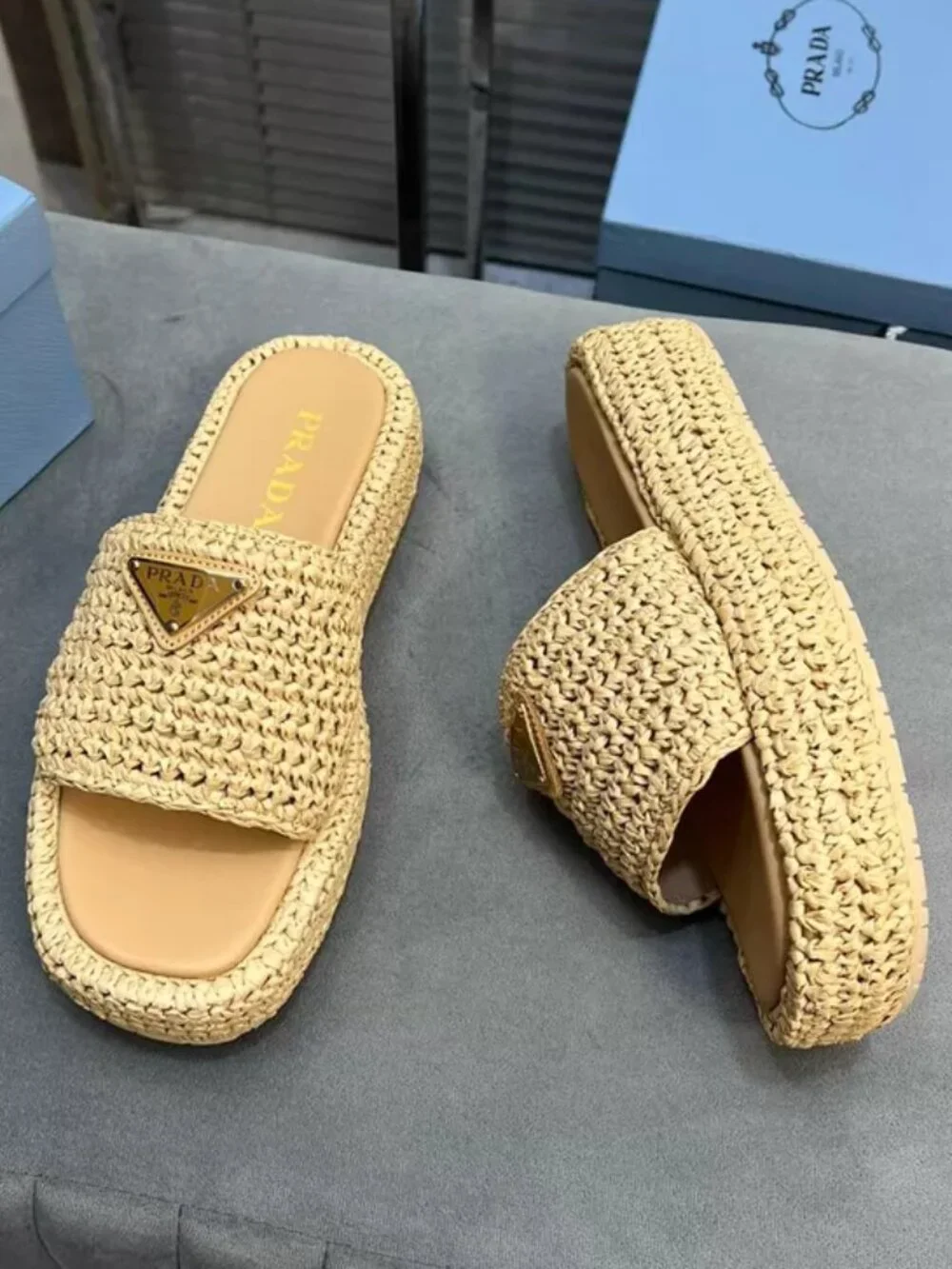 Prada Beige Woven Raffia Slide Sandals